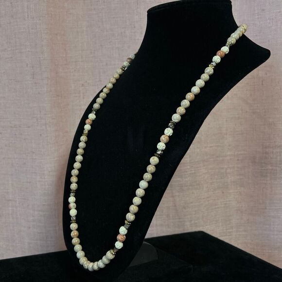 Picture Jasper, Bovine, and Sunstone Crystal 31 in Beaded Necklace w/ Brass - Picture 2 of 7